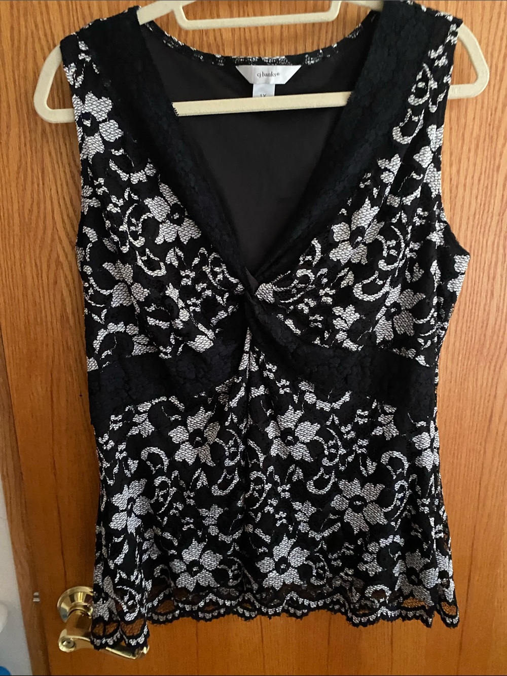 CJ Banks Black and White Lace Twist-Front Camisole